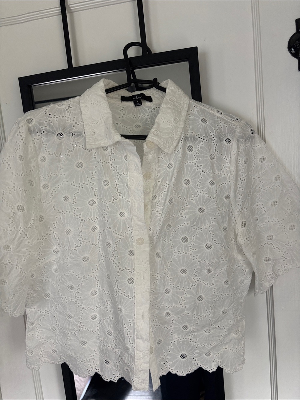 Lulu's White Eyelet Button-Front Short Sleeve Shirt